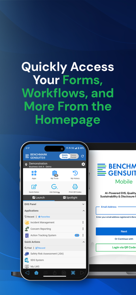 Dashboard of Benchmark Gensuite mobile app showing EHS workflows and safety forms