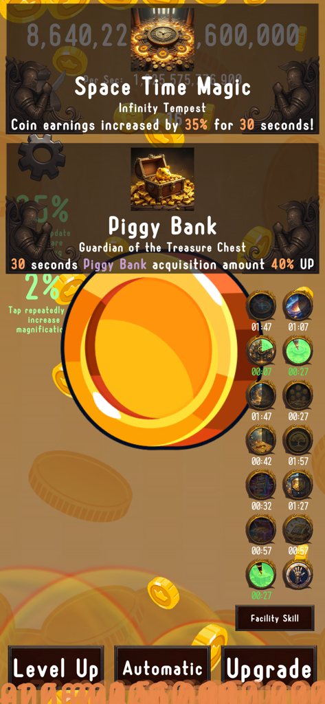 Coin Clicker - Coin Tap Game - Coin Clicker mobile game interface showing active facility skills and earnings bonuses.