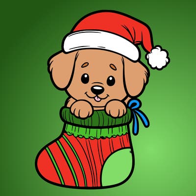 cute puppy wearing santa hat in socking