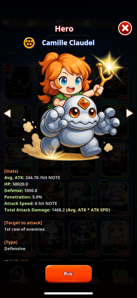 Character profile for Camille Claudel in RhythmStar Music Adventure showing her defensive stats and RPG abilities