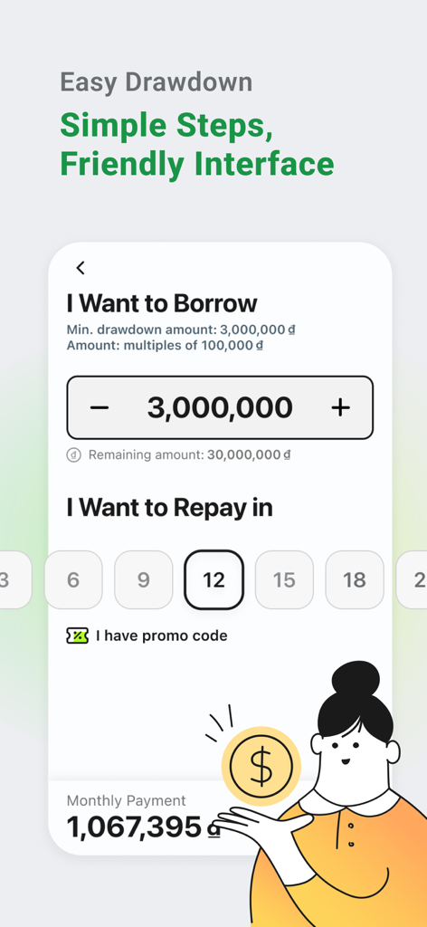 CUB Vietnam app interface showing loan amount selection and monthly repayment calculation