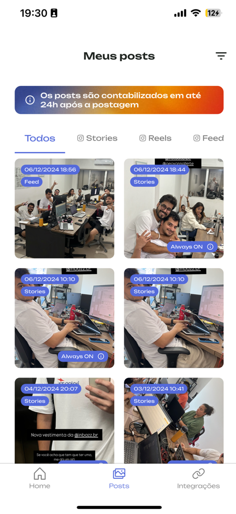 Inbazz Creators - Mobile app interface of Inbazz Creators showing the My Posts section with a grid of social media content and performance labels.