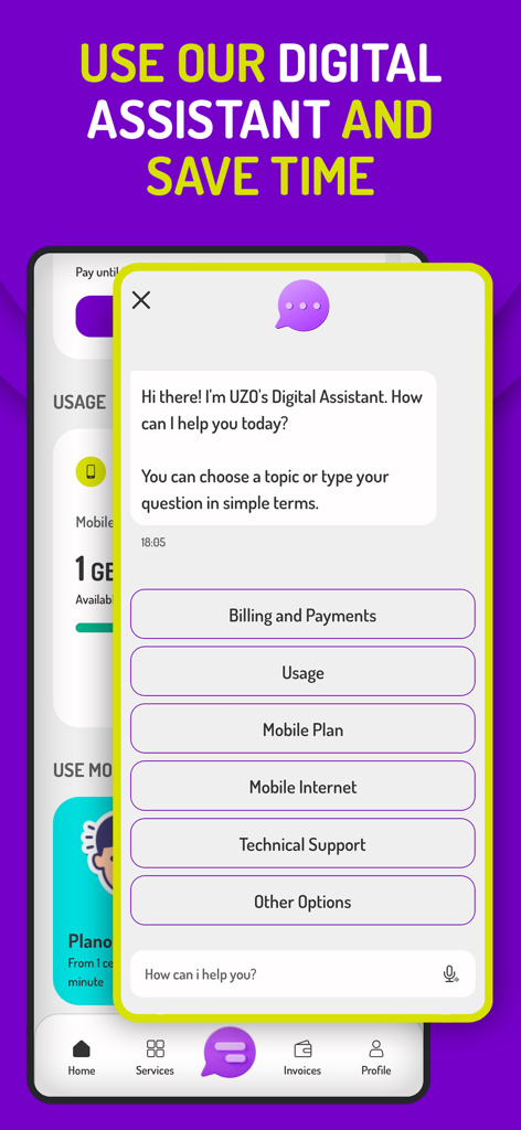 Interface do assistente digital do meu UZO mostrando categorias de suporte como faturamento e uso