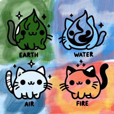 4 cats that represent the different elements, earth, water, air, and fire