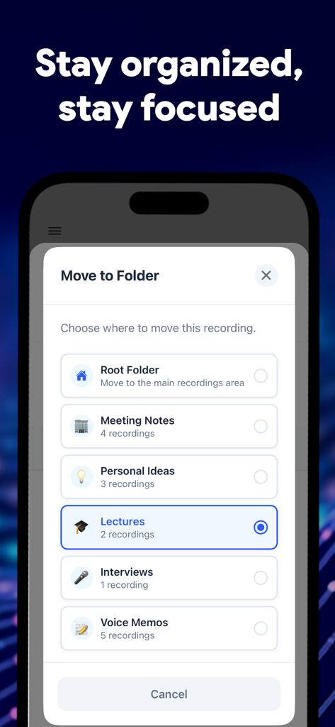 Gist: Transcribe Audio to Text - Gist app interface showing folder organization options for audio recordings.