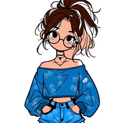 girl with a messy ponytail glasses a baggy crop top and jean shorts