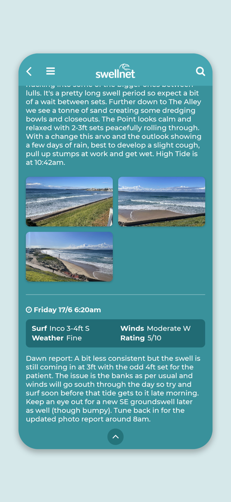 Swellnet app showing a detailed dawn surf report with photos and expert notes