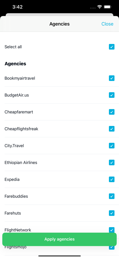 Cheap Plane Tickets - 항공편 검색 결과를 필터링하기 위한 체크박스가 있는 여행사 및 항공사 목록