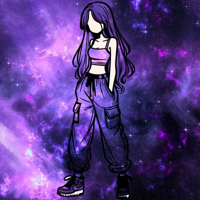 girl in baggy pants crop top and long hair