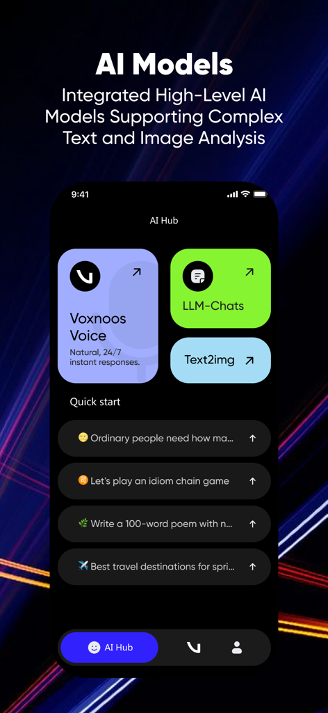 Voxnoos AI Hub画面。ボイスチャットとテキストから画像生成機能を表示。