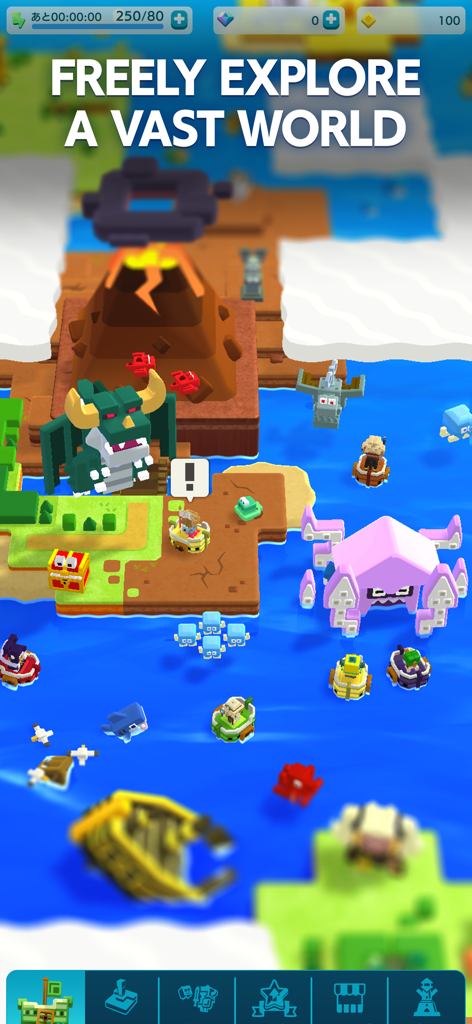 PANDOLAND: Discovery RPG - A colorful voxel world map in PANDOLAND featuring a green dragon and a volcano.