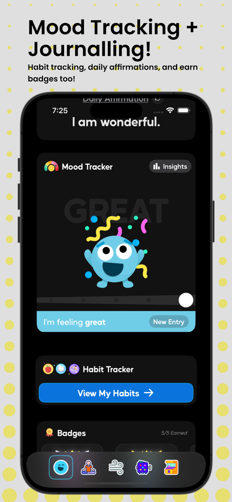 Tappy: Self Care Fidgeter - Smartphone screen displaying the mood tracker and habit tracker features of the Tappy app