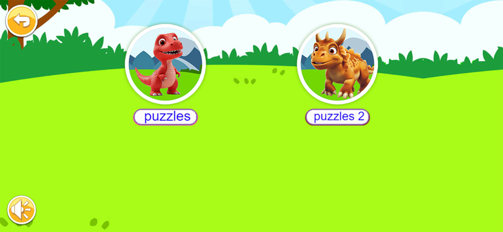 Main menu of Dinosaur Puzzle Game for kids with puzzle selection buttons.