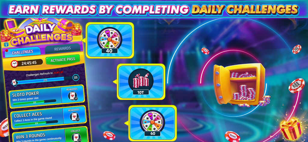 Wawe Poker Face - Texas Holdem - Daily challenges and rewards screen for Wawe Poker Face Texas Holdem featuring poker chips and prize wheels