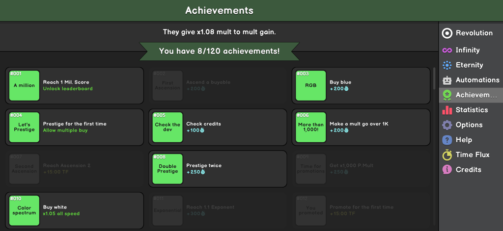 Revolution Idle - Achievements screen in Revolution Idle showing a list of unlocked milestones and progress tracking