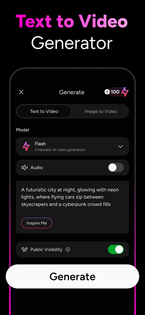 OpenVideo app interface showing text to video generation screen with a cyberpunk prompt
