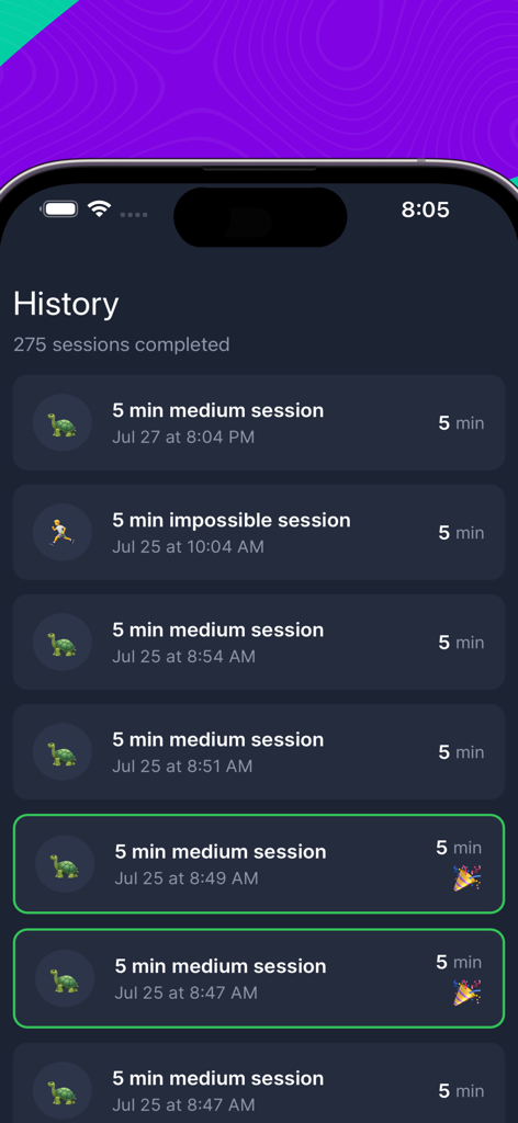 Last Longer - In Bed - History screen of the Last Longer app displaying a list of completed stamina training sessions
