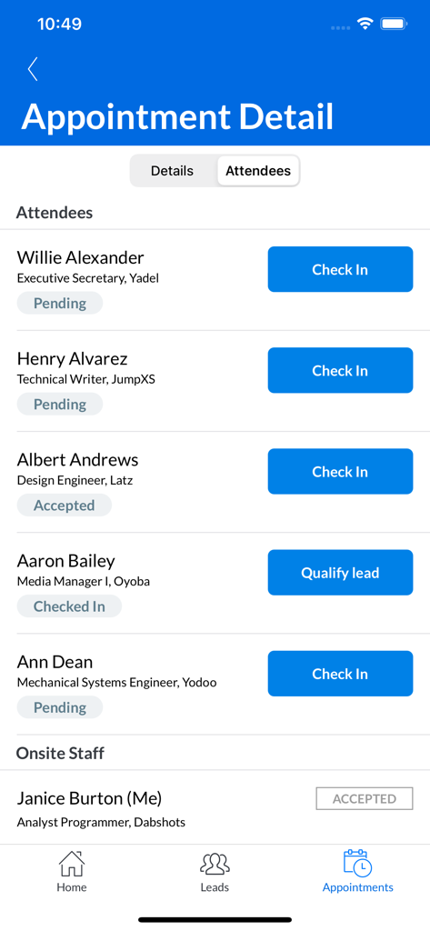 Cvent LeadCapture - Mobile app screen showing a list of event attendees with check-in and lead qualification buttons.