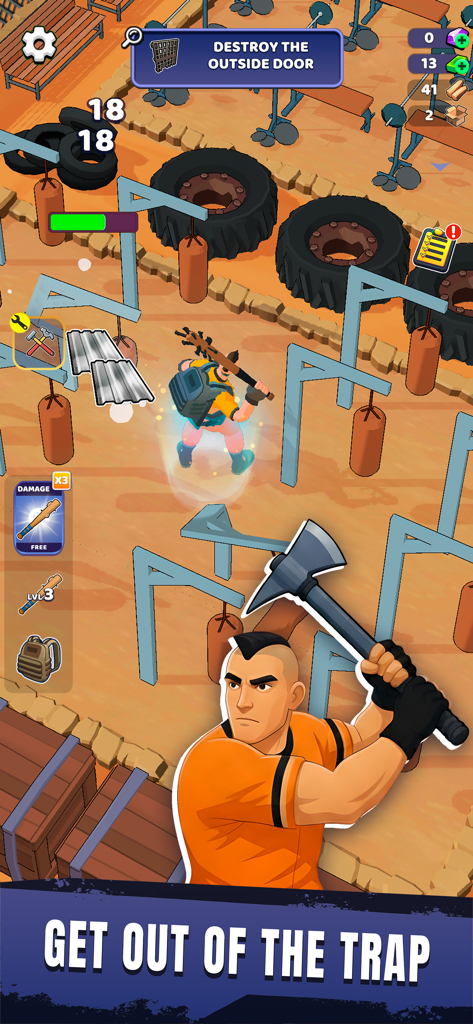 Zone X: Wasteland Survival - Gameplay de acción de un personaje con mono naranja escapando de una instalación de entrenamiento en Zone X Wasteland Survival.