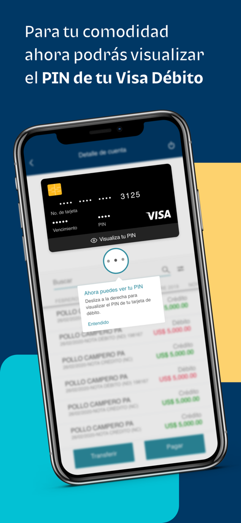 Bi en Línea PAN - Pantalla de teléfono inteligente de la aplicación Bi Bank Panamá que muestra la opción de ver el PIN de una tarjeta Visa Débito de forma segura.
