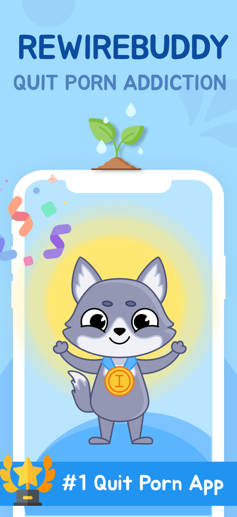 RewireBuddy: Quit Porn Now - RewireBuddy app interface showing a cartoon wolf mascot with a gold medal and the text Quit Porn Addiction