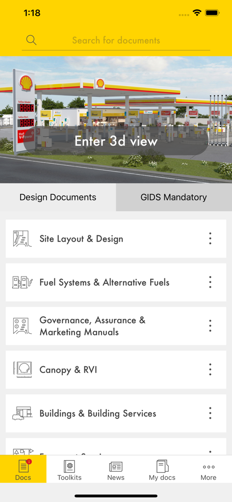 Interfaz móvil de la aplicación Shell GIDS mostrando categorías de estándares de diseño de ingeniería y documentos de diseño de sitio.