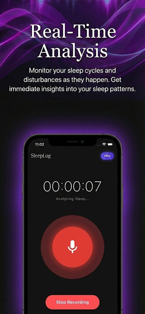 SleepLog: AI Snore Recorder - SleepLogアプリのインターフェース。リアルタイムの睡眠分析とアクティブないびき録音が表示され、タイマーとマイクアイコンがあります。