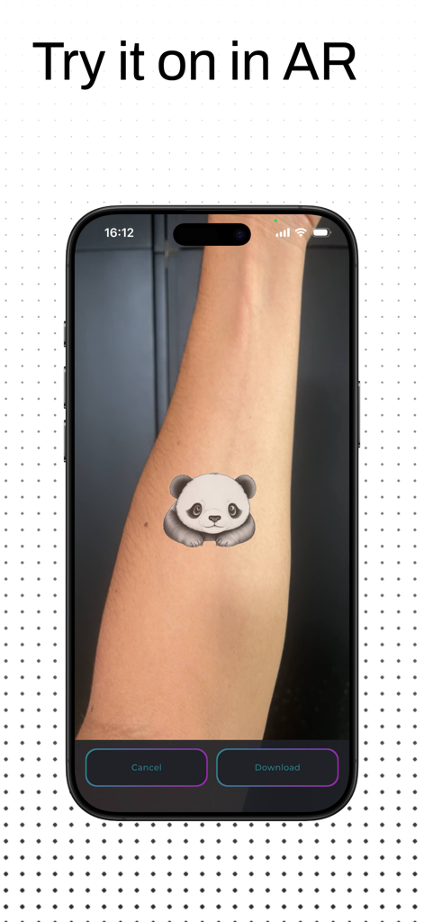 InkStudio – Tattoo Master AI - InkStudio app showing an augmented reality preview of a panda tattoo on a persons forearm
