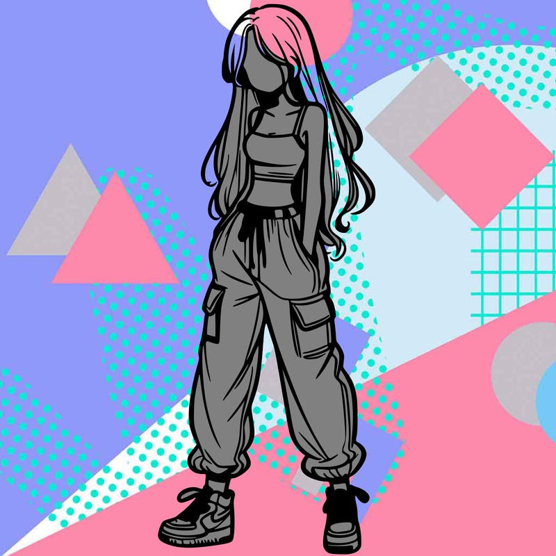 girl in baggy pants crop top and long hair