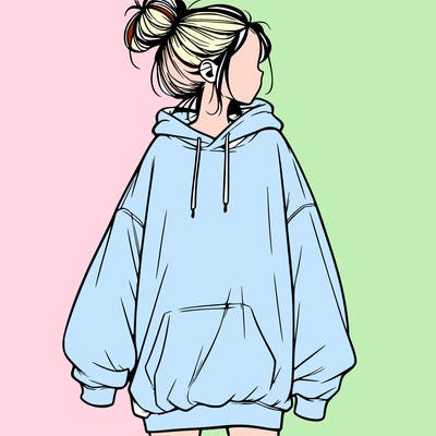 realistic girl with a oversized sweatshirt on and a bun