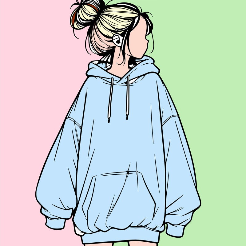 realistic girl with a oversized sweatshirt on and a bun