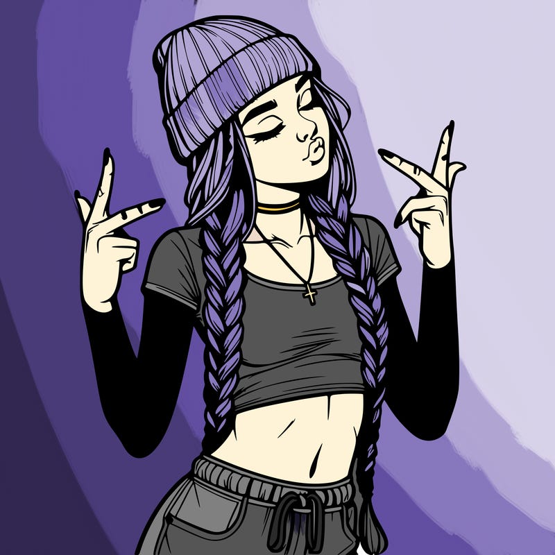 realistic teenage girl with braids and a beanie and crop top doing 🫶🏼