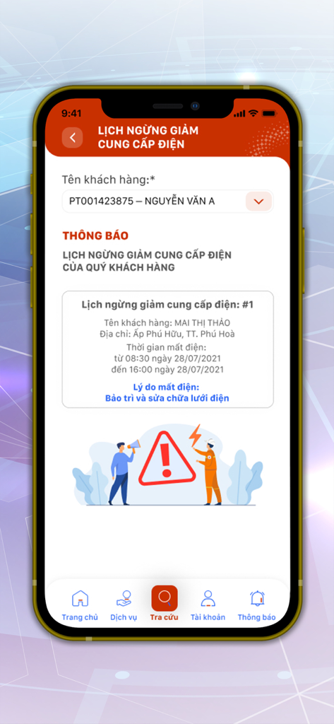 Pantalla móvil de la aplicación CSKH EVNSPC que muestra un calendario de cortes de energía y notificación de mantenimiento.