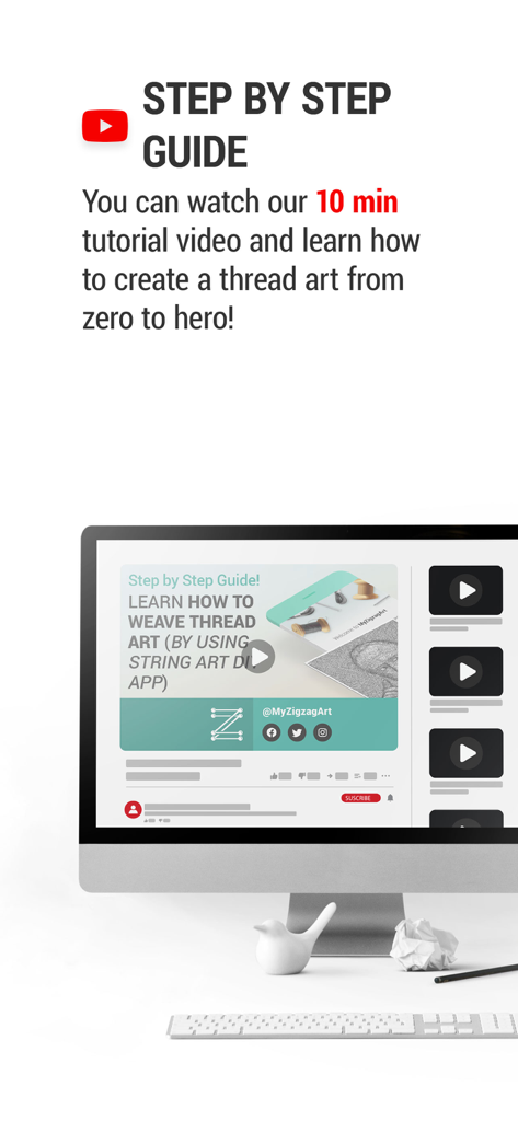 String Art DIY - A computer screen displaying a step-by-step video tutorial for weaving thread art using the String Art DIY app.