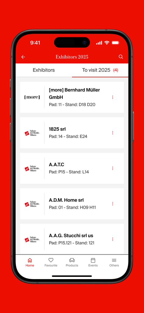 Salone del Mobile.Milano - Official exhibitor catalog in the Salone del Mobile Milano app showing brand names and stand locations