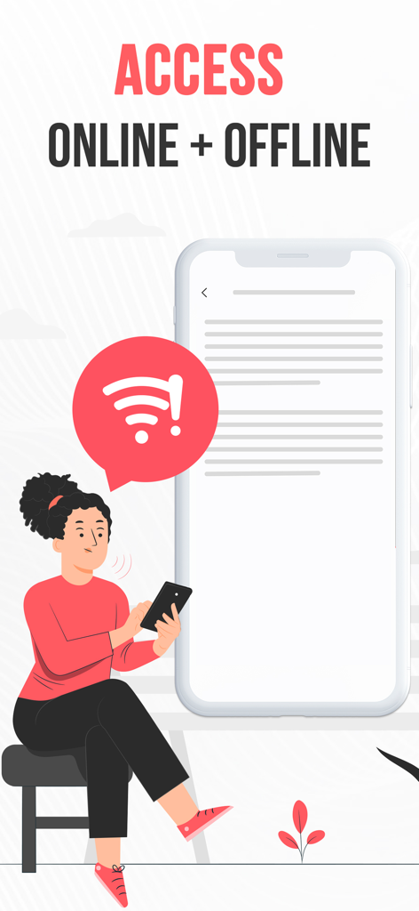 AI Note Taker Voice Memos App - An illustration showing a woman using the voice memo app with a message stating access is available online and offline.