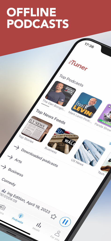 Interfaccia dell'app myTuner Radio che mostra i migliori podcast e feed di notizie per l'ascolto offline