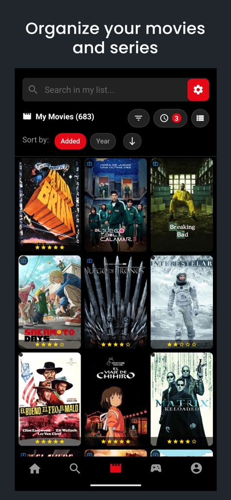 MisPelis - MyMovies - MisPelis app screen displaying a personalized movie and series library with posters for easy organization.