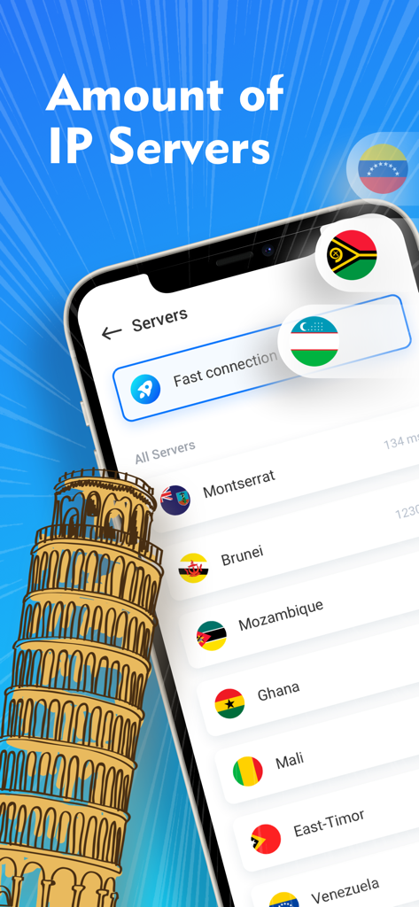 Shield - Secure Tool Fast - Smartphone screen showing the global IP server list in the Shield Secure Tool app.