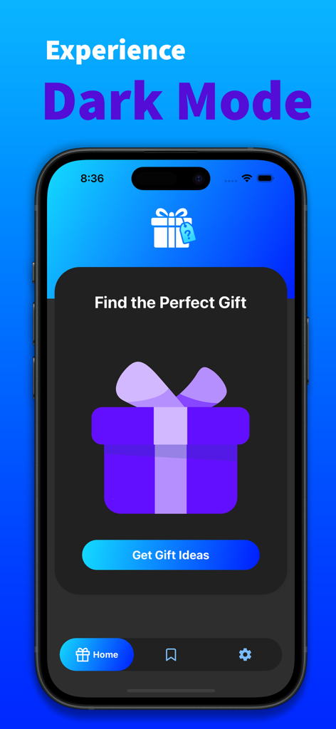 Giftly AI Gift Finder mobile app interface in dark mode showing a purple gift box and button to get gift ideas