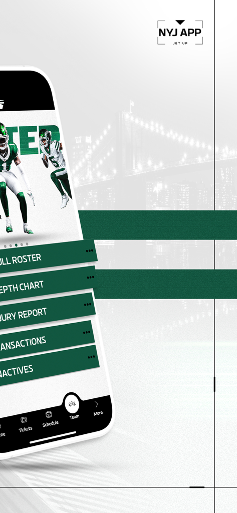 Official New York Jets - Interface of the Official New York Jets app showing the team section with options for full roster depth chart and injury reports