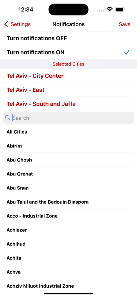 Red Alert Israel app notification settings showing a list of cities selected for alerts.