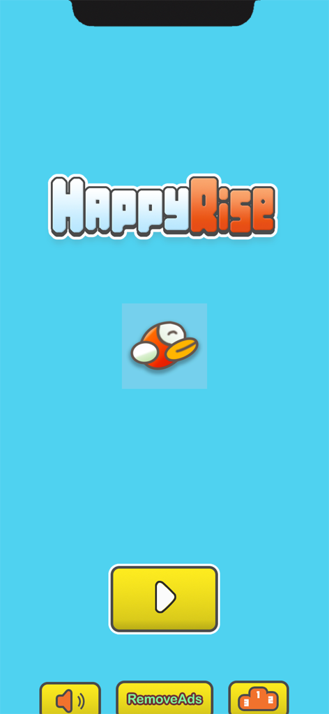Happy Rise : No Wifi Games - Happy Rise mobile game main menu with play button and orange bird icon on a light blue background.