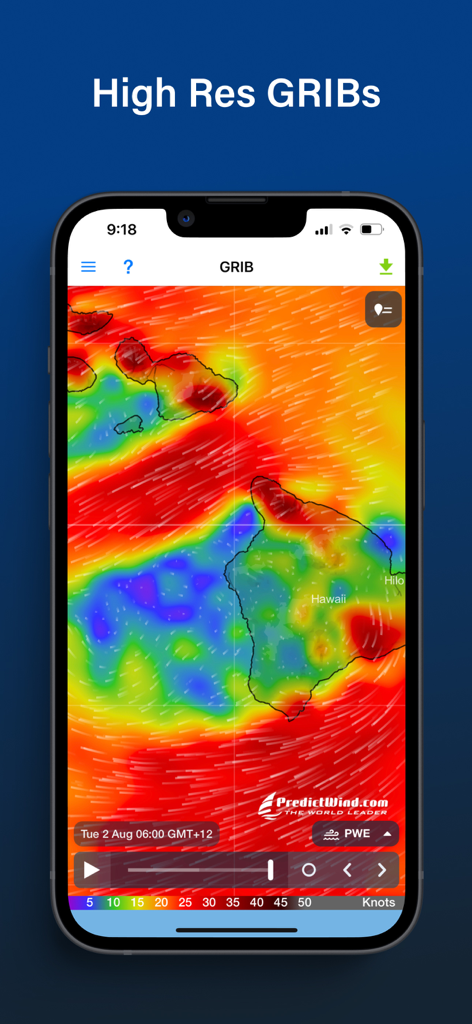 Aplicación PredictWind Offshore que muestra un mapa meteorológico GRIB de alta resolución con patrones de viento alrededor de las islas de Hawái.