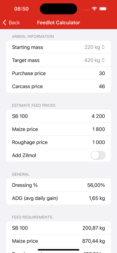 Voermol - Voermol Feedlot Calculator-Oberfläche mit Tierinformationen und Schätzungen der Futterpreise