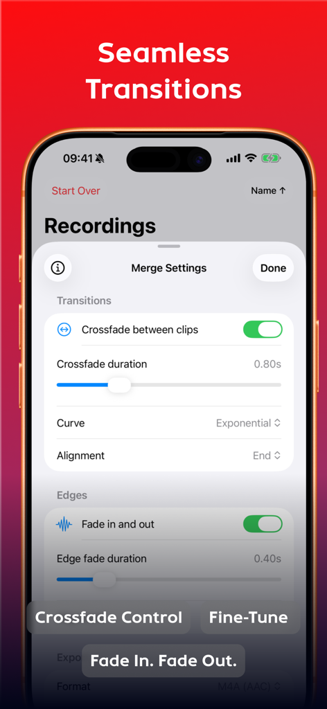 Merge Voice Memos : MemoMerger - Interface of MemoMerger showing audio transition settings including crossfade and edge fade controls for merging voice memos