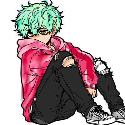 a male hoddie ripped jeans messy hair anime