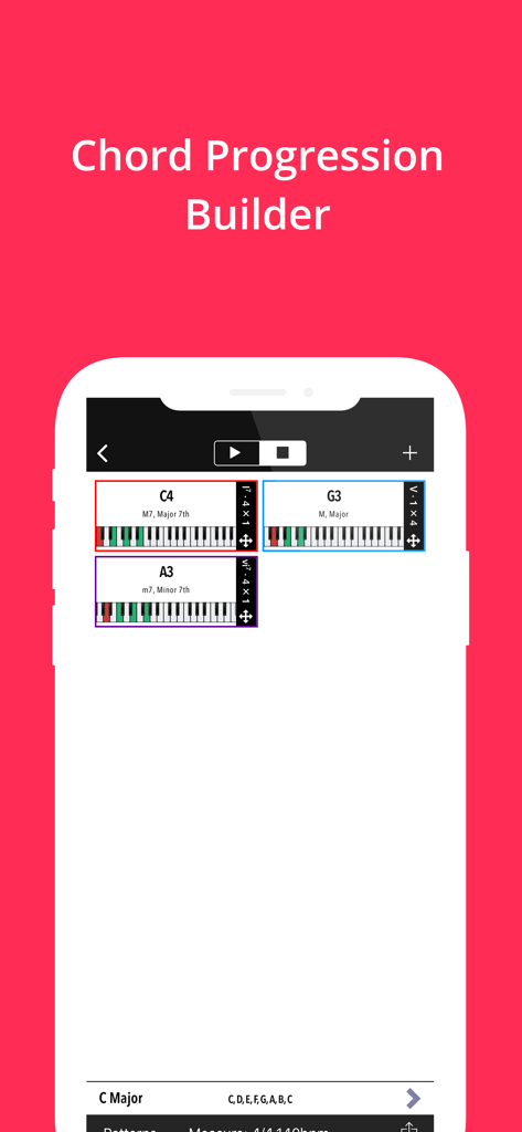 Piano Chords, Scales Companion - Chord progression builder interface displaying C4 Major 7th G3 Major and A3 Minor 7th chords on piano keys