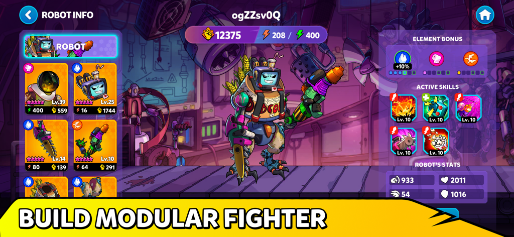 A customization screen in Junkineering Robot Wars RPG showing a modular robot fighter made of scrap parts with stats and skills.