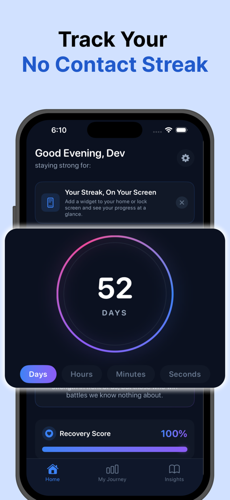 No Contact Breakup Tracker AI - Smartphone interface of a breakup tracker app showing a 52 day streak counter and 100 percent recovery progress.